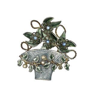 Vintage Brooch Flower Basket Pale Blue Flowers Vines Garland
